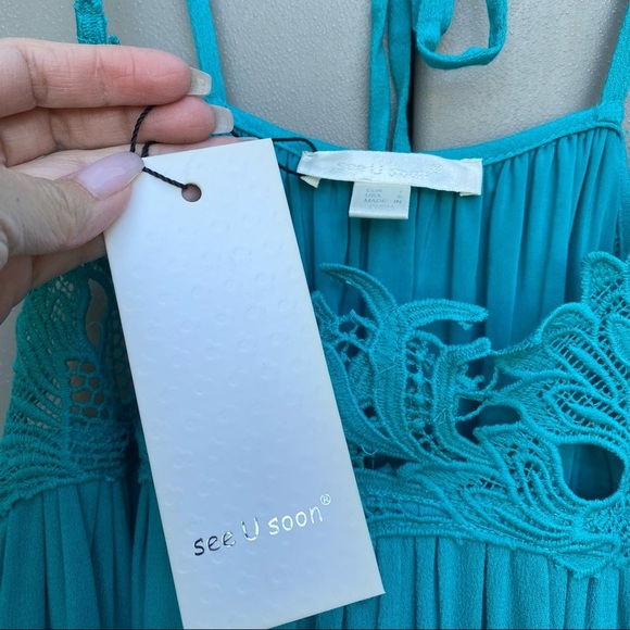 Stitch Fix See you Soon Aqua Crochet Short tent Dress with Criss Cross Back sz S - Picture 4 of 4